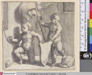 [Zwei Jungen mit Schild; Two nude boys supporting a blank shield]
