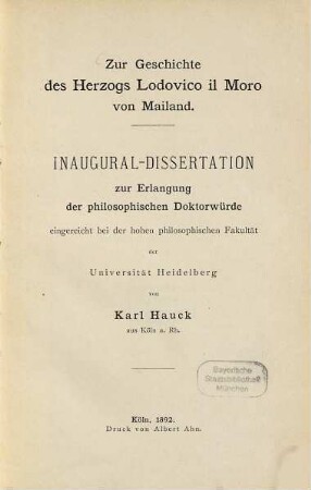 Zur Geschichte des Herzogs Lodovico il Moro von Mailand