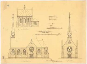 Herz-Jesu-Kirche, Grafeld: Situationsplan 1:500, Choransicht, Ansicht der Straßenfront (Süden) und Giebelansicht 1:100