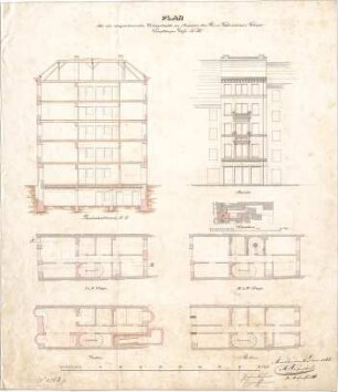 Reiffenstuel, Michael; München; Haus Lohner, Laden - Lageplan, Grundriss Keller, Grundriss EG,Grundriss 1. OG u. 2. OG, Grundriss 3. OG u. 4. OG, Ansicht, Schnitt