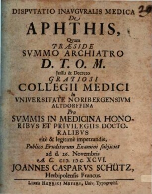 Dispvtatio Inavgvralis Medica De Aphthis