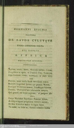 Hermanni Buschii Pasiphili de Laude Cultuque Urbis Lipsensis Sylva cui titulus Lipsica