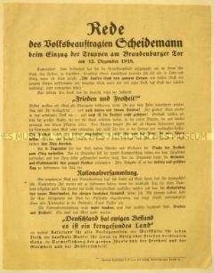 Flugblatt mit Scheidemann-Rede zum Einzug der aus dem 1. Weltkrieg zurückkehrenden Truppen am Brandenburger Tor in Berlin