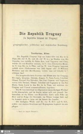 Die Republik Uruguay (la Republica Oriental del Uruguay) in geographischer, politischer und statistischer Beziehung