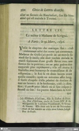 Lettre CXX. Le même à Madame de Sévigné. A Paris, le 19. Mars, 1696
