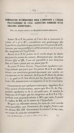 Composition mathématique pour l'admission a l'École Polytechnique en 1880. Exposition sommaire d'une solution géométrique.