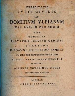 Exercitatio Ivris Civilis Ad Domitivm Vlpianvm, Cap. LXIX. p. Pro Socio