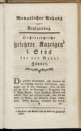 Monatlicher Anhang zur Realzeitung. Oesterreichische gelehrte Anzeigen[ I. - III. Stück für den Monat Jänner - Merz.]