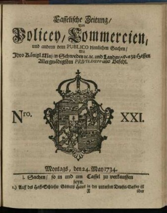 Nro. XXI, Montags, den 24. May 1734