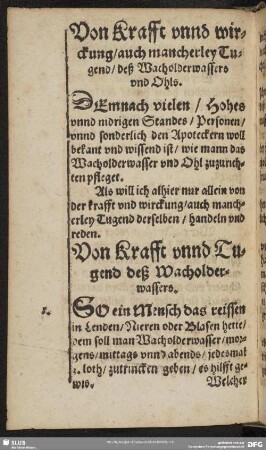 Von Krafft unnd wirckung, auch mancherley Tugend, deß Wacholderwassers und Ohls