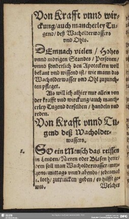 Von Krafft unnd wirckung, auch mancherley Tugend, deß Wacholderwassers und Ohls