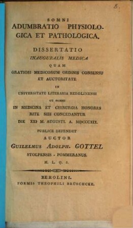 Somni adumbratio physiologica et pathologica : Diss. inaug. med.