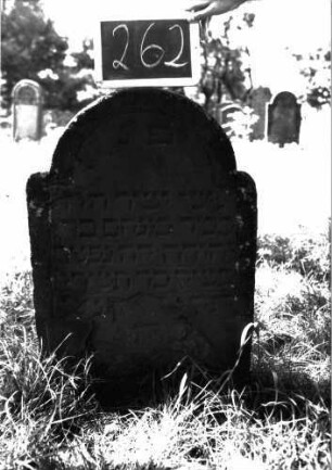 Grabstein 262 (Index: 100103209) Material: Sandstein Zustand: unten stark verwittert mit Textverlust, sonst gut erhalten Maße HxBxT: 90x58x6 cm Beschreibung: Stele, eingezogener Rundbogenabschluss, Schriftfeld eingetieft: Grabstein 262