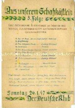 Handgeschriebener Aushang zu einer Kulturveranstaltung im Kriegsgefangenenlager Karatschew