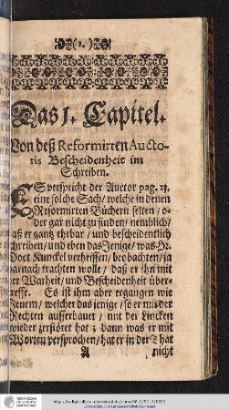 1. Capitel. Von deß Reformirten Auctoris Bescheidenheit im Schreiben.