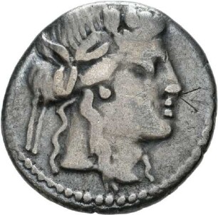 Denar des M. Volteius mit Darstellung der Ceres in einer Schlangenbiga