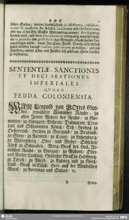 Sententiae, Sanctiones Et Declarationes Imperiales Quoad Feuda Coloniensia