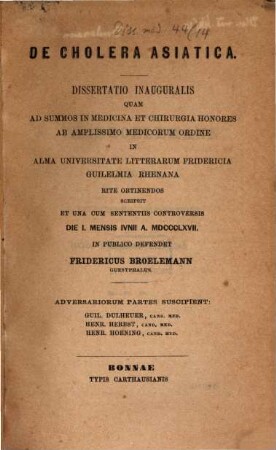 De cholera Asiatica : dissertatio inauguralis