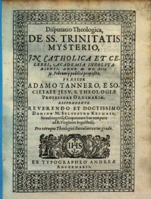 Disputatio Theologica, De SS. Trinitatis Mysterio