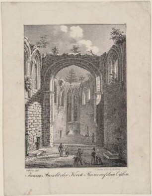 Innenansicht der Ruine der Klosterkirche auf dem Berg Oybin im Zittauer Gebirge, Blick in Richtung Chorraum, nach der Vorlage des Blattes aus Eschkes Oybin und seine Ruine von 1832