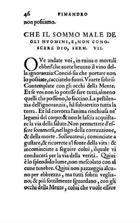 Che Il Sommo Male De Gli Hvomini, E, Non Conoscere Dio, Serm. VII.