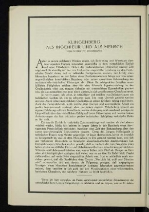 Klingenberg als Ingenieur und als Mensch