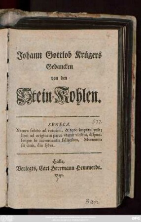 Johann Gottlob Krügers Gedancken von den Stein-Kohlen