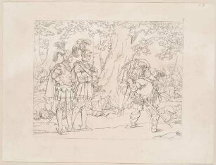 Zu Shakespeares "König Heinrich IV.", Teil 1, Blatt 8, 5. Akt, 4. Szene: Falstaff bringt Percys Leichnam auf der Schulter zu Prinz Heinrich und seinem Bruder