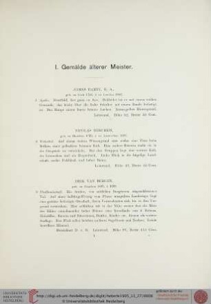 I. Gemälde älterer Meister (Nr. 1-101)