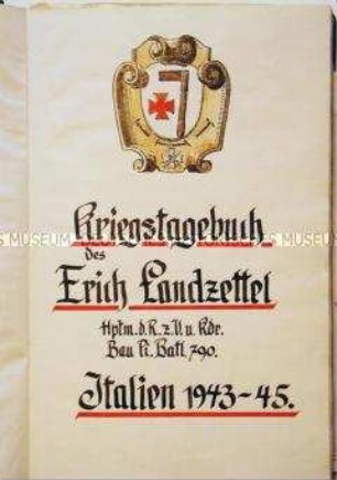 Handschriftliches Kriegstagebuch des Hauptmanns der Reserve Erich Landzettel aus dem Zeitraum 1943-1945 mit zahlreichen eingeklebten Fotos, Zeitungsausschnitten und Postkarten sowie Handzeichnungen