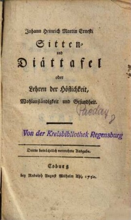 Sitten- und Diättafel oder Lehren der Höflichkeit, Wohlanständigkeit und Gesundheit