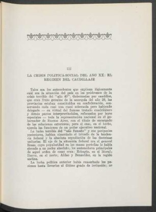 III - La crisis política-social del año XX: el régimen del caudillaje