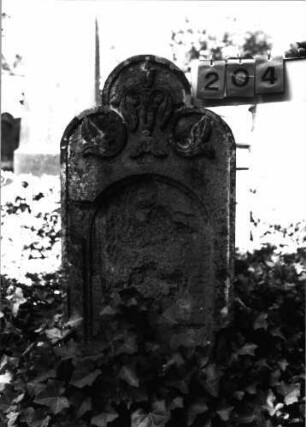 Grabstein 204 (Index: 99789785) Material: Sandstein Zustand: verwittert mit fast vollständigem Textverlust des hebräischen Textes Maße HxBxT: 122x49x16 cm Besonderheit: Stele identisch mit Nr. 343: Grabstein 204