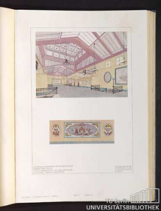 Teil V. Tafel 35. Untergrundbahnhof Wittenbergplatz: Inneres der Halle. Unten: Anordnung der Reklamefelder. Architekt: Alfred Grenander.