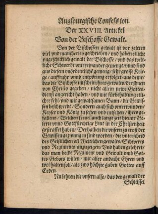 Der XXVIII. Artickel Von der Bischoffe Gewalt.