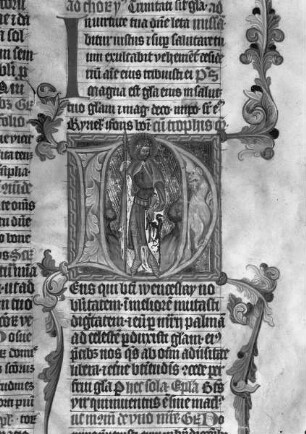 Missale des Domherrn Wenzeslaus von Radec — Initiale D mit gerüstetem Wenzeslaus, Folio 218 a