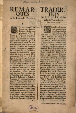 Remarques de la Cour de Bavière : Traduction du Rescript Circulaire date de Vienne le 21. Novembre 1740.