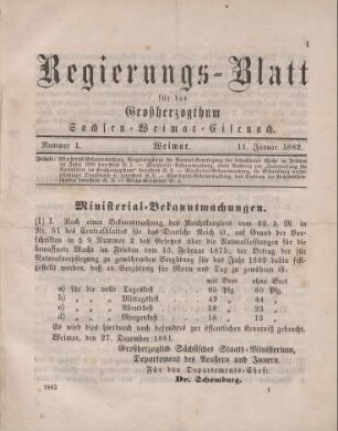 1. Ministerial-Bekanntmachung, die Vergütungssätze für Natural-Verpflegung der bewaffneten Macht im Frieden im Jahre 1882 betreffend