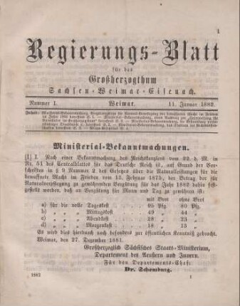 1. Ministerial-Bekanntmachung, die Vergütungssätze für Natural-Verpflegung der bewaffneten Macht im Frieden im Jahre 1882 betreffend