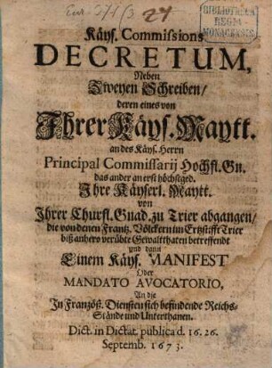 Kayserliches Commissions Decret nebst zweyen Schreiben