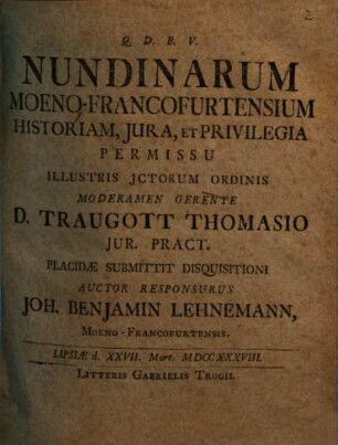 Nundinarum Moeno-Francofurtensium historiam, iura et privilegia