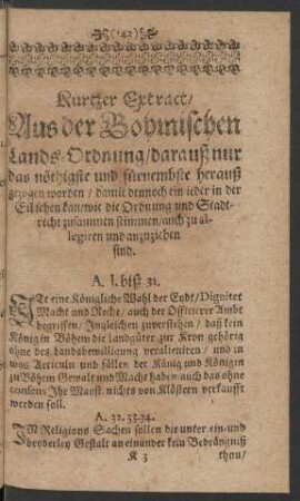 Kurtzer Extract/ Aus der Bohmischen Lands-Ordnung/ ...