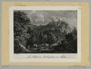 Die Burg Hohnstein in der Sächsischen Schweiz von Westen über das Polenztal aufgenommen, im Vordergrund ein Fuhrwerk, II. Zustand