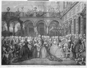 Die Familien-Zusammenkunft zu Neuhaus 1737 : Zucchi, Lorenzo nach Silvestre, Louis yder Jüngere>. Die Familien-Zusammenkunft zu Neuhaus 1737. Kupferstich; 83 x 104,7 cm. Dresden: Kupferstich-Kabinett A 130 013 in A 873/874, 5 (I. 18.)