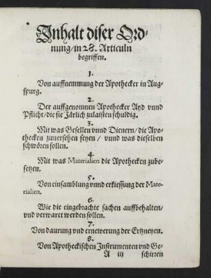 Inhalt diser Ordnung/ in 28. Articuln begriffen.