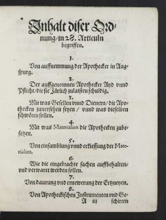 Inhalt diser Ordnung/ in 28. Articuln begriffen.
