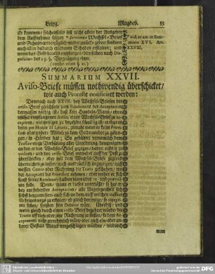 Summarium XXVII. Aviso-Briefe müssen nothwendig überschicket, wie auch Proteste notificiret werden