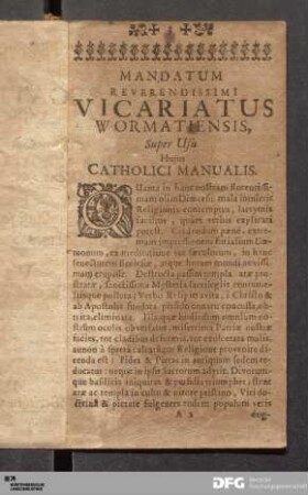Mandatum Reverendissimi Vicariatus Wormatiensis, [...]