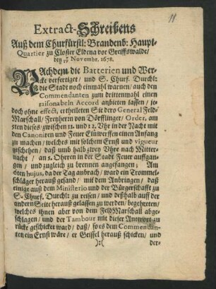 Extract-Schreibens Auß dem Churfürstl: Branden: Haupt-Quartier zu Closter Eldena vor Greiffswalde : den 7/17 Novembr. 1678.