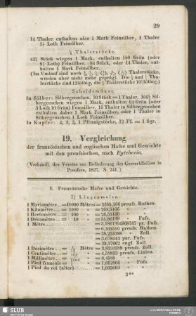 19. Vergleichung der französischen und englischen Masse und Gewichte mit den preussischen, nach Eytelwein